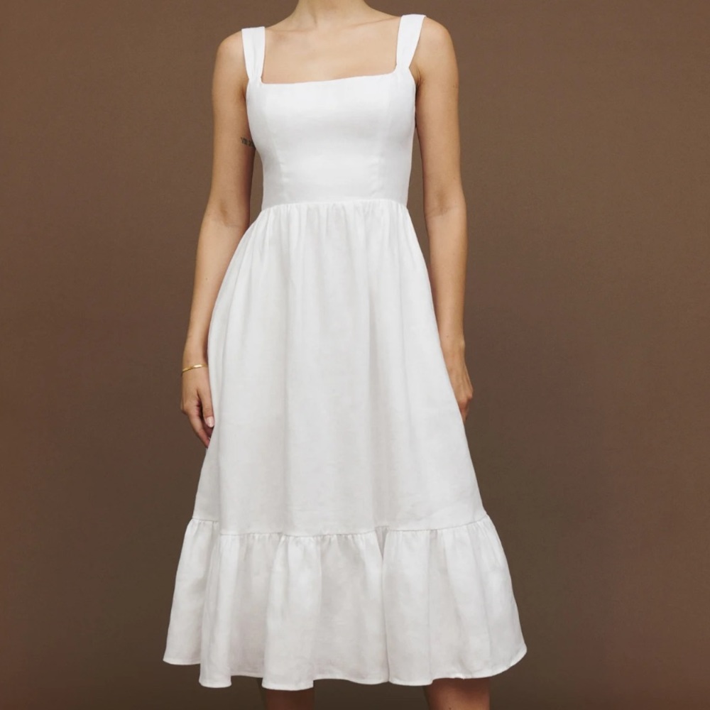 REFORMATION white linen smocked back dress